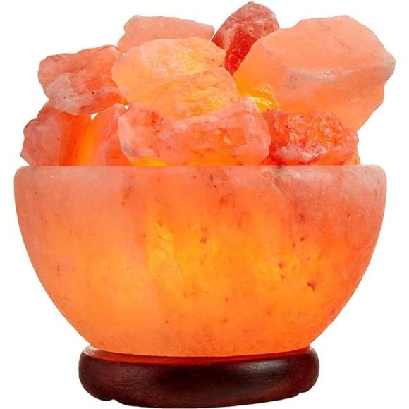 Himalayan Salt Lamp Bowl with Natural Crystal Chunks, Dimmer Cord & Classic Wood - Picture 1 of 6